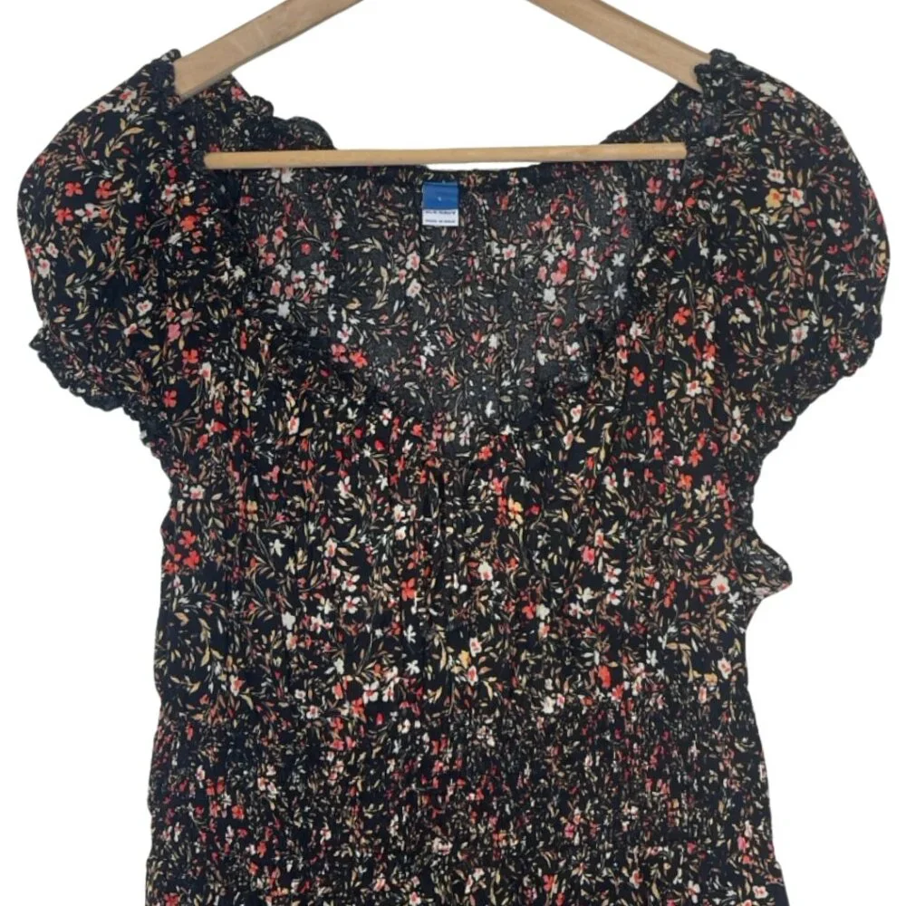 OLD NAVY | Women's Black Floral Puff Sleeve Peplum Blouse | Size L